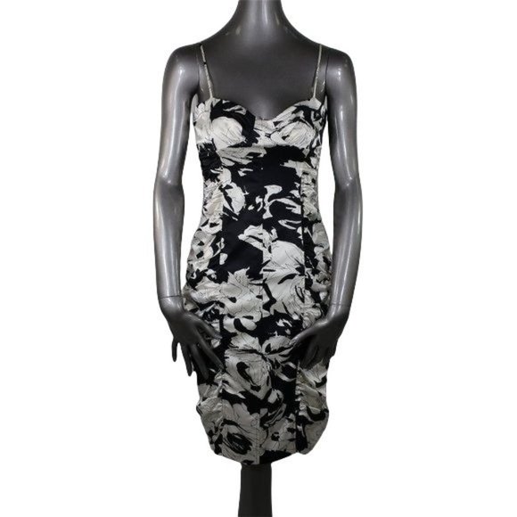David Meister NWT Ruched Black White Floral Dress 2 - Picture 1 of 6